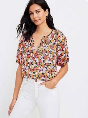 LOFT Multi-Color Floral Split V-Neck Blouse